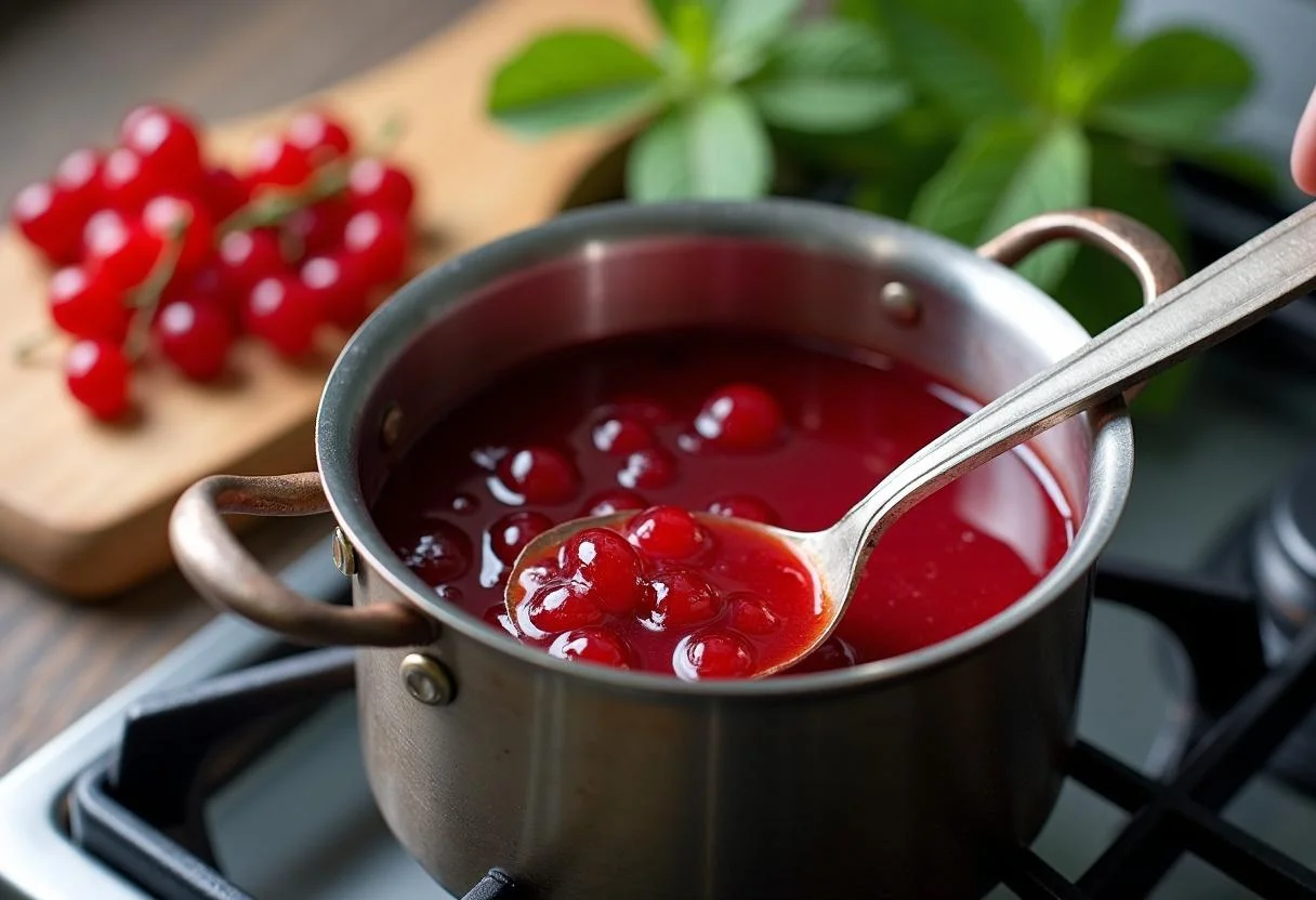 Heating red currant jelly on the stove for drizzling over tender rehrücken.