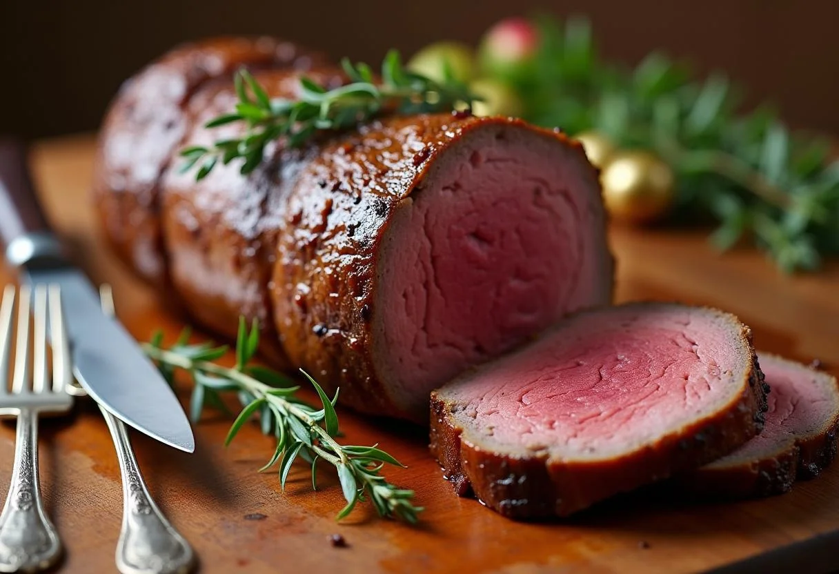 Setting the table with a tender rehrücken roast and utensils, ready to be served to guests.