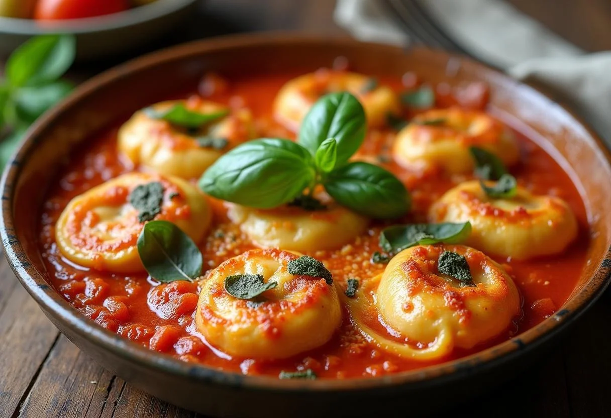 Fertiger Tortellini-Auflauf mit Tomaten und Mozzarella, ideal für ein leckeres Abendessen.