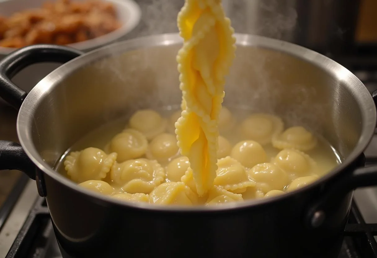 Frische Tortellini werden in kochendes Wasser für Tortellini-Auflauf gegeben.