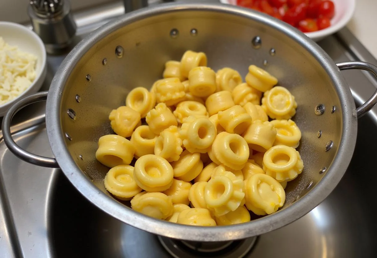 Gekochte Tortellini werden in einem Sieb abgetropft, bereit für den Tortellini-Auflauf.