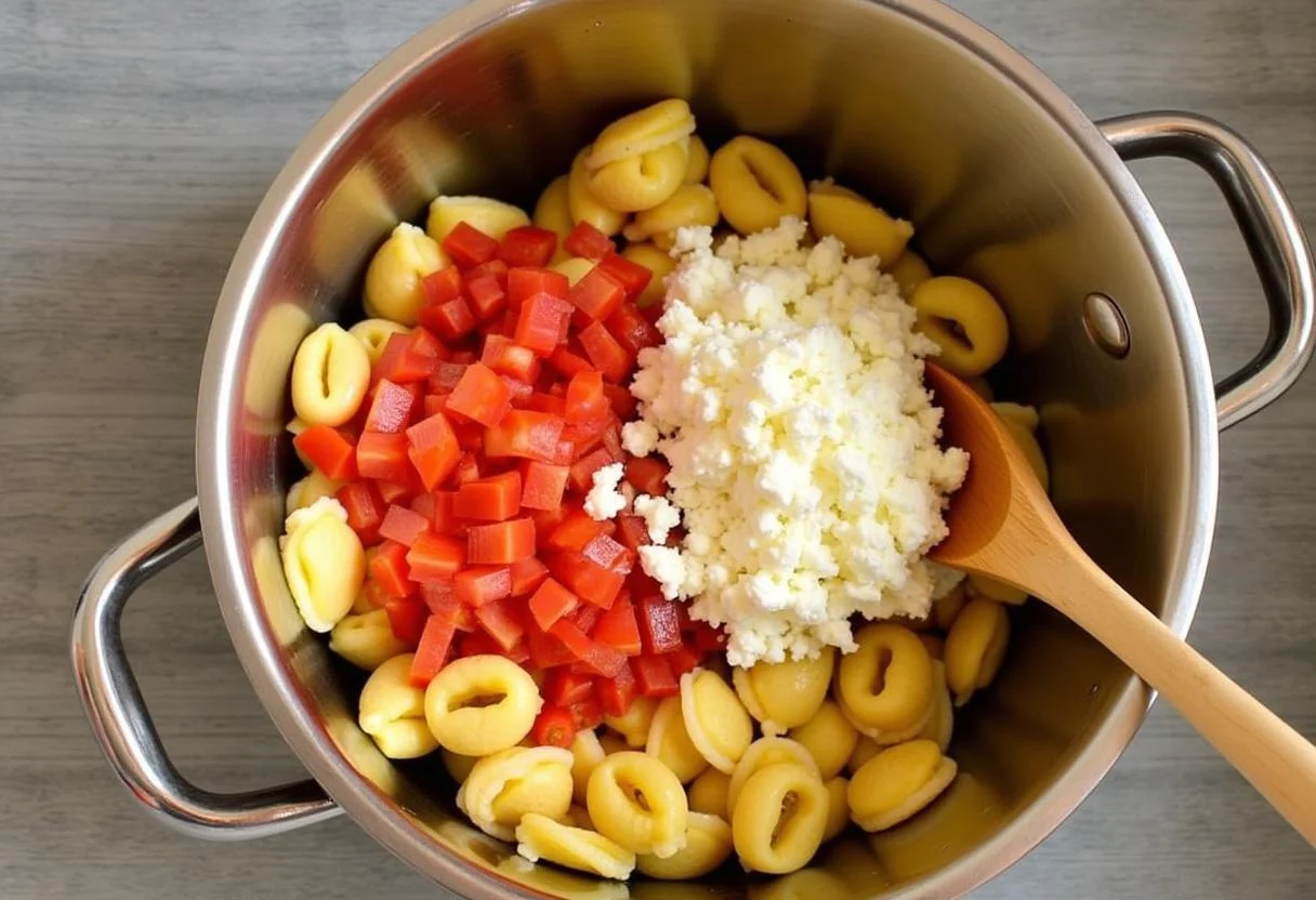 Kombinieren von Tortellini, Tomaten und Mozzarella für Tortellini-Auflauf.