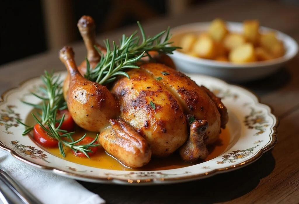 Finished Toskanisches Huhn with golden chicken and roasted potatoes, ready to serve.