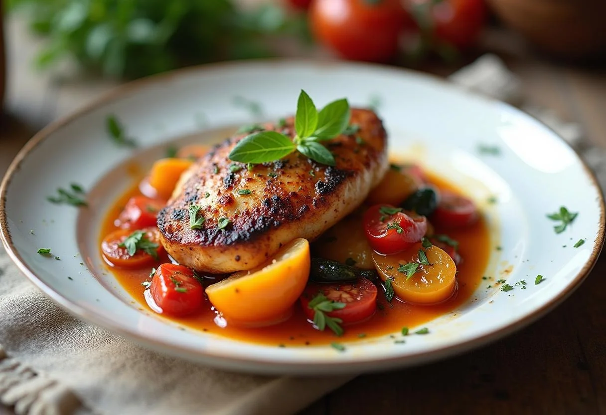 Fertig serviertes Toskanisches Huhn mit buntem Gemüse, ideal für ein elegantes Abendessen.