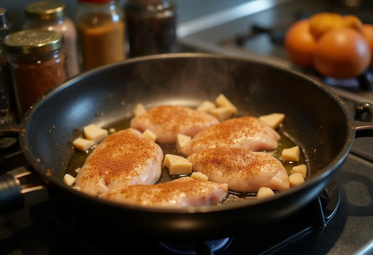 Olivenöl erhitzt in einer Pfanne für die Zubereitung von Tuskanischem Huhn mit gewürzten Hähnchenbruststücken.
