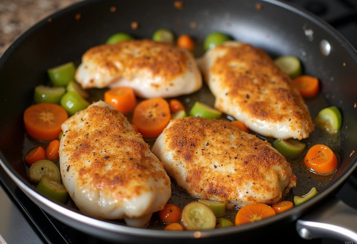 Hähnchenbrust in der Pfanne angebraten für das Tuskanische Huhn Rezept, goldbraun und lecker.