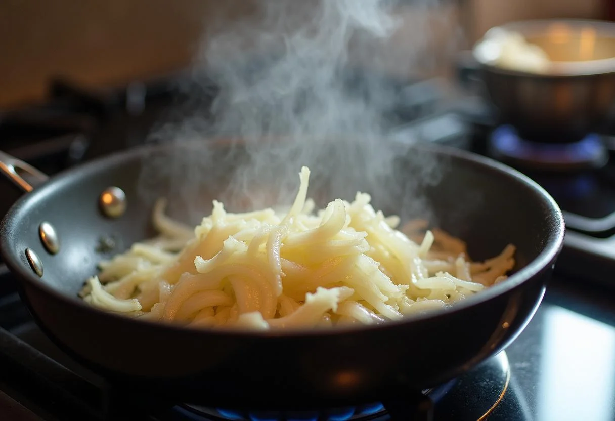 Zwiebeln und Knoblauch braten für die Zubereitung der perfekten Rinderkutteln.