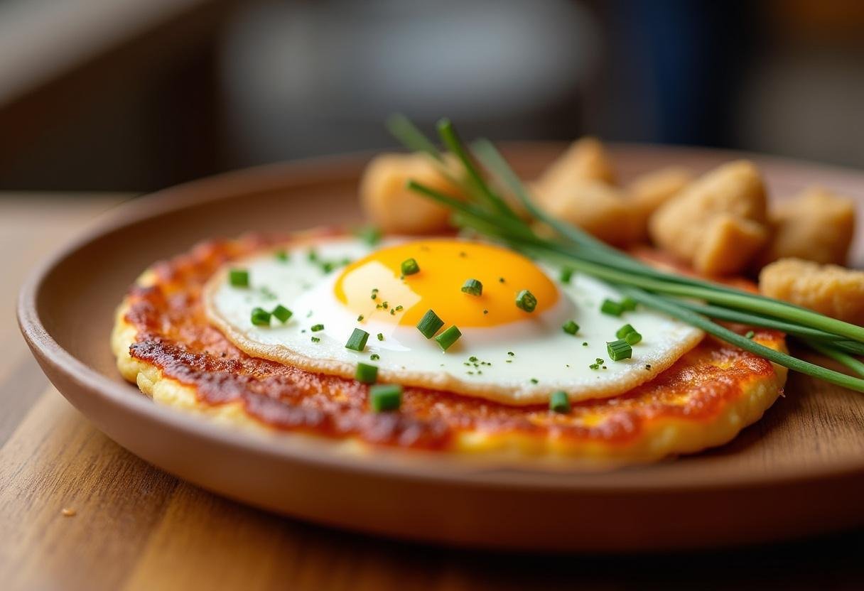 Fertiges traditionelles Bauernfrühstück mit Kartoffeln, Eiern und Zwiebeln, garniert mit Schnittlauch.