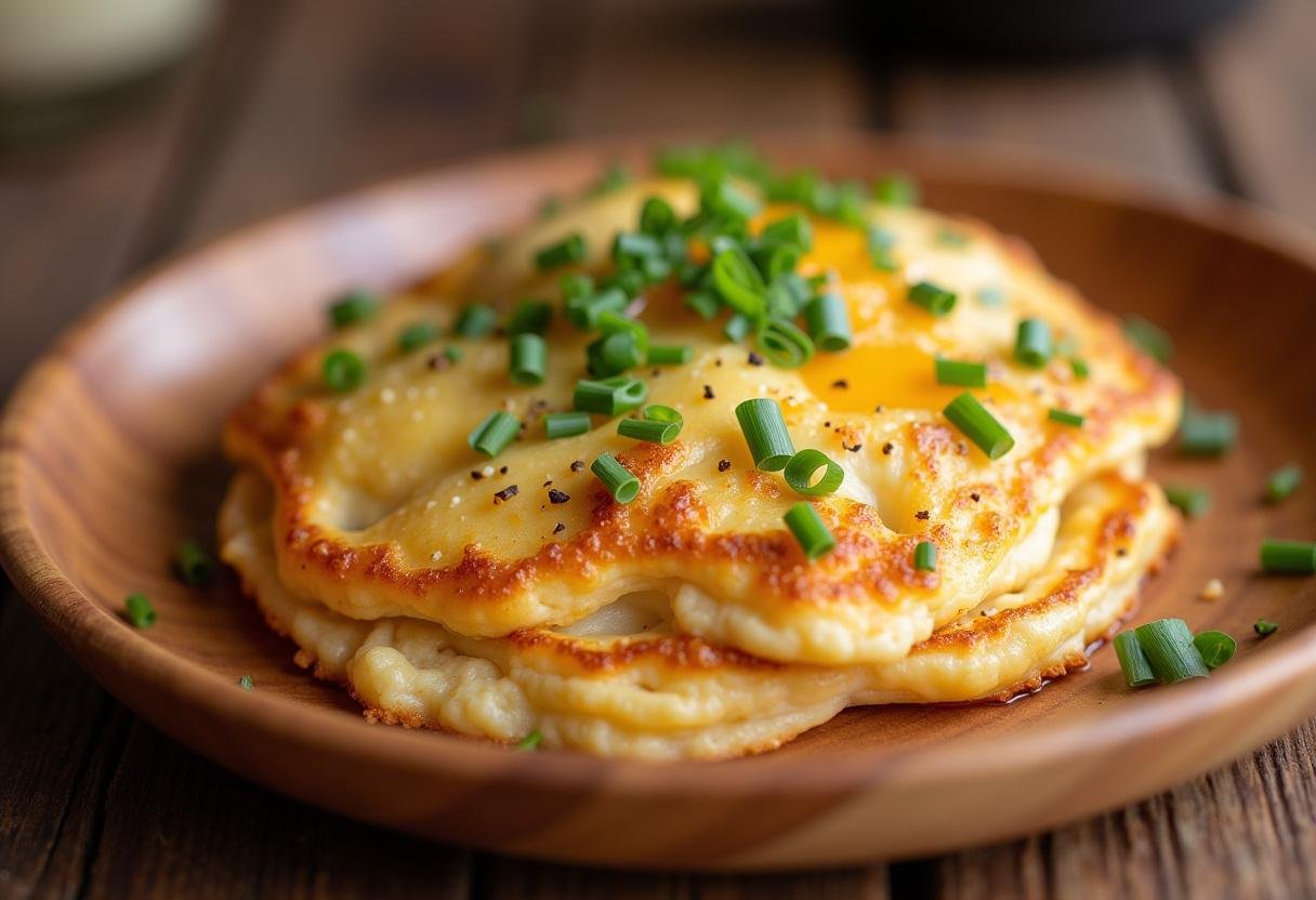 Fertiges traditionelles Bauernfrühstück mit Kartoffeln, Eiern und Zwiebeln, garniert mit Schnittlauch.