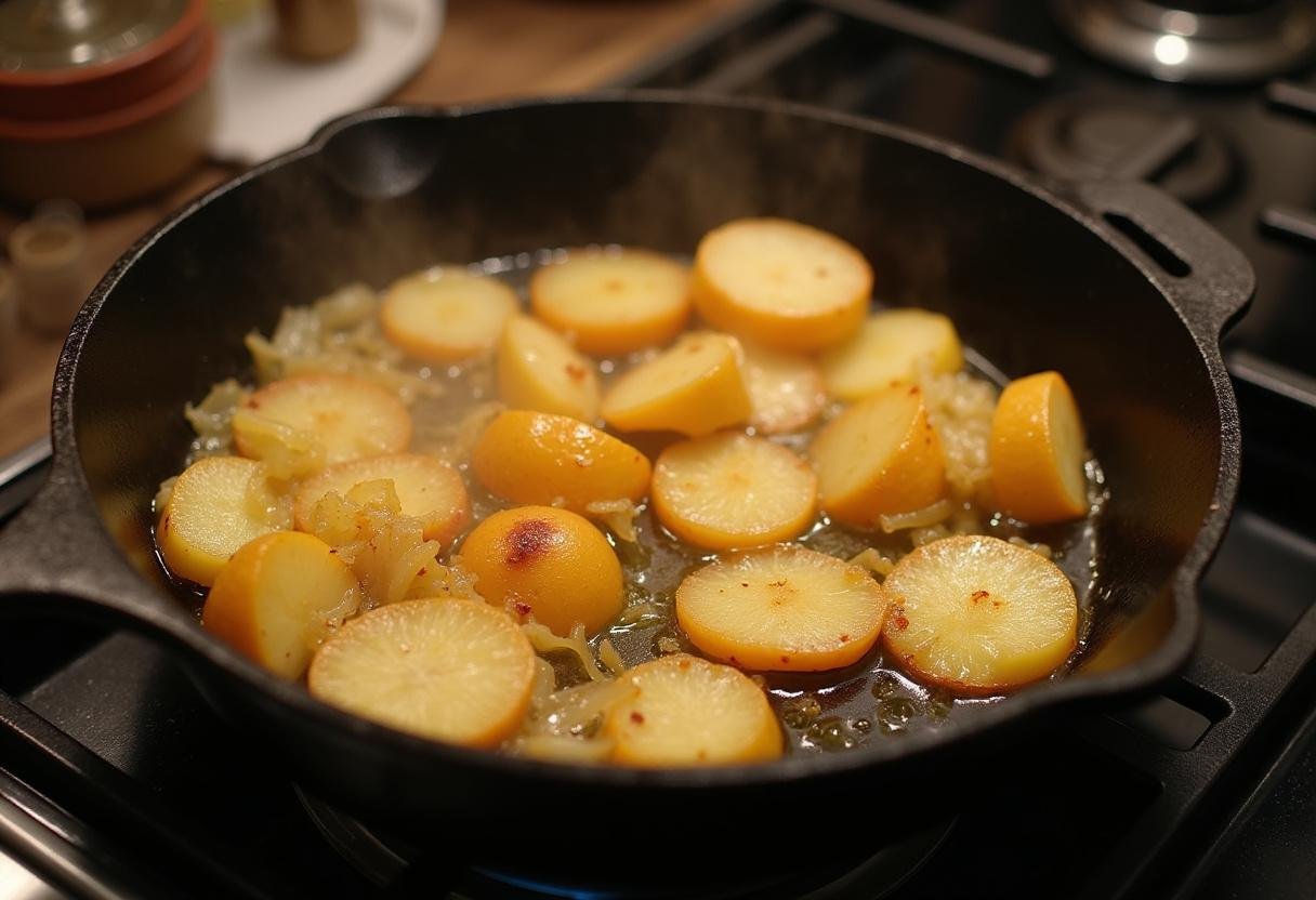 Kartoffeln und Zwiebeln werden in einer Gusseisenpfanne goldbraun gebraten.