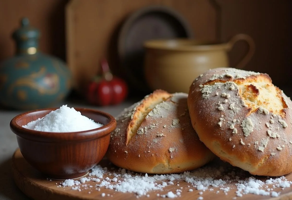 Frisches Brot und Salz zum Einzug bereitgestellt in der rustikalen Küche.