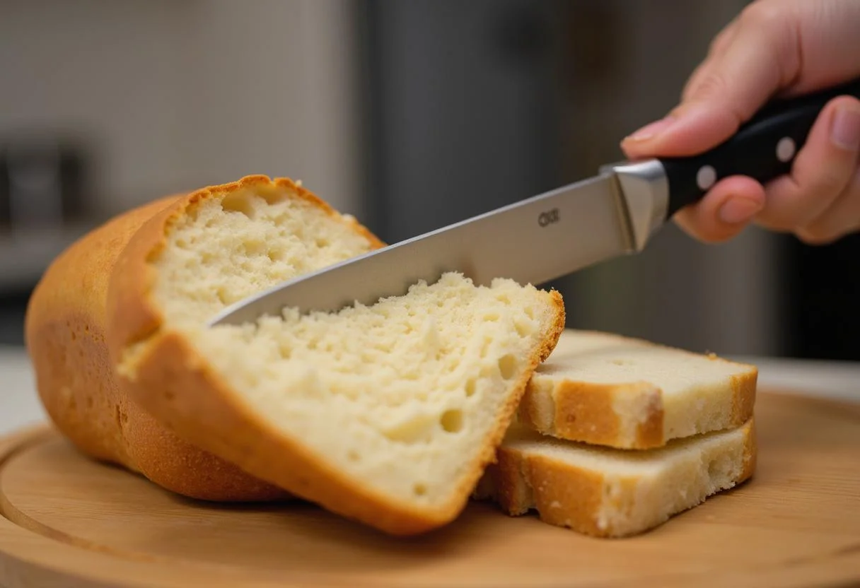 Das Schneiden von frischem Brot für das Einzugsgeschenk von Brot und Salz.