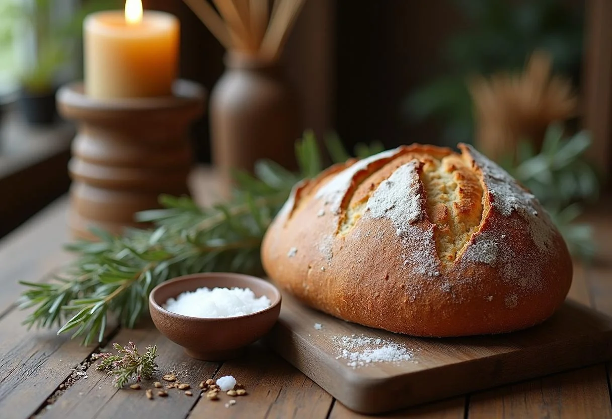 Bread and salt on a rustic table for the move-in, symbolizing the new phase of life.