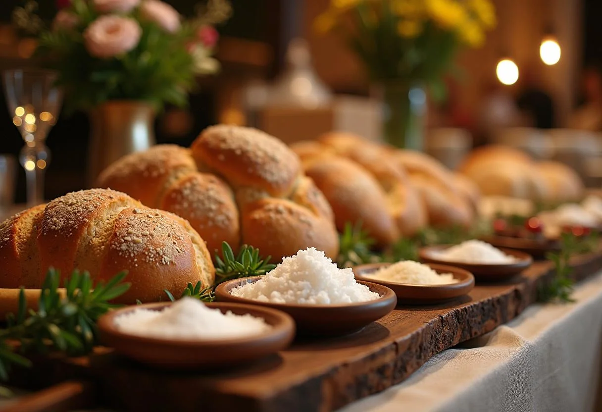 Various breads and salt for the housewarming party, invitingly and festively decorated.