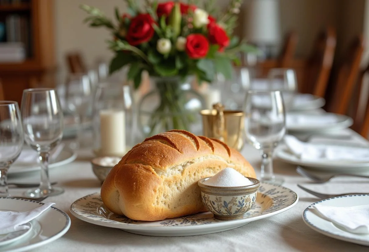 A festively set table with bread and salt for the entrance, ideal for a warm atmosphere.