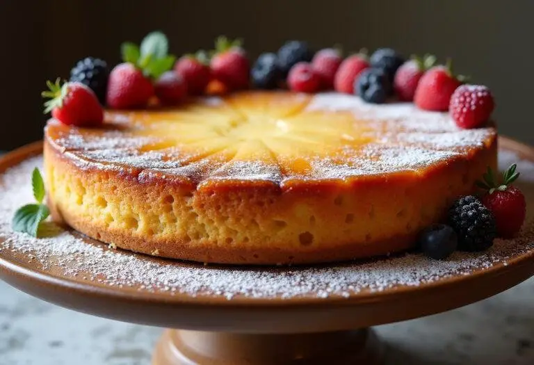 Finished Tränenkuchen cheesecake, the best in the world, garnished with berries and powdered sugar.