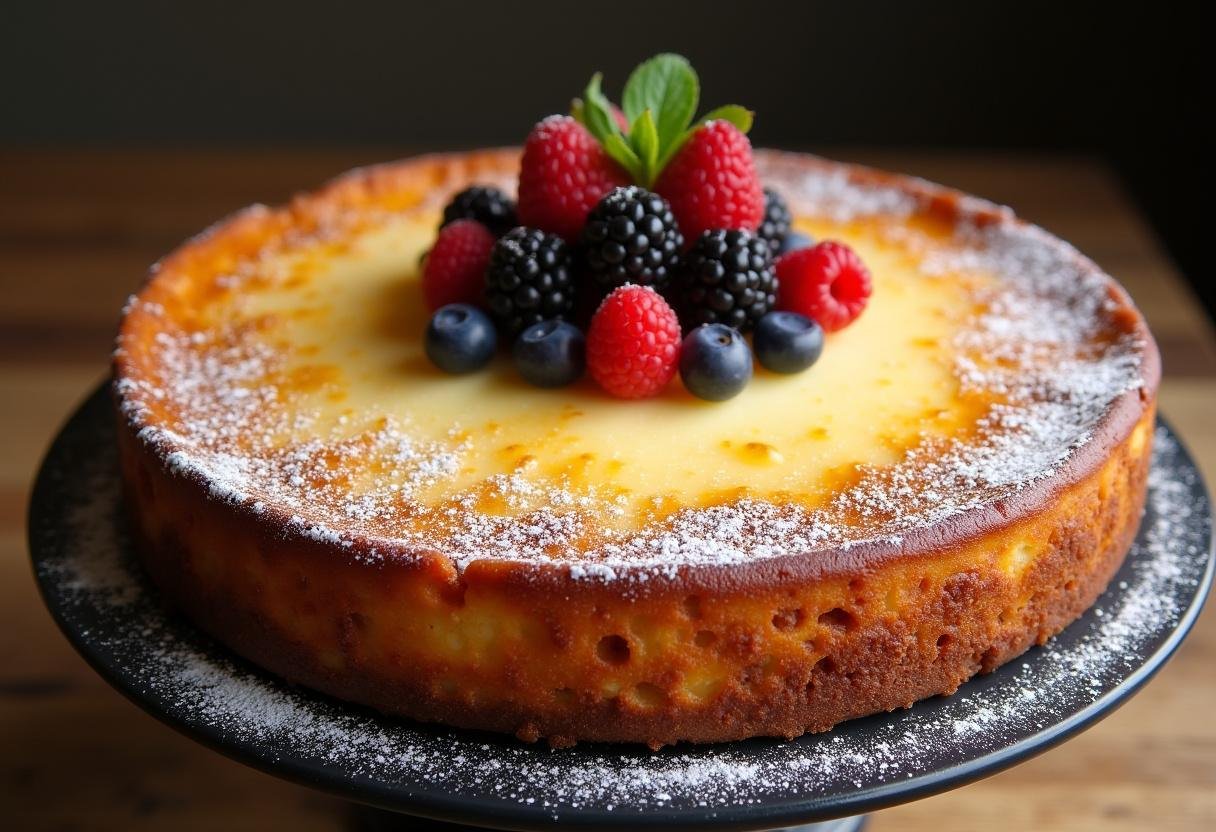 Fertiger Tränenkuchen, der beste Käsekuchen der Welt, garniert mit Beeren und Puderzucker