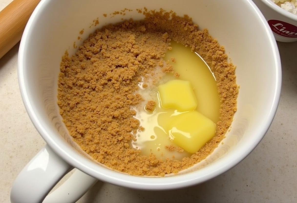 Butterkeksbrösel und geschmolzene Butter vermischt für den Boden des Tränenkuchens
