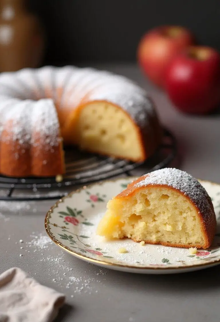 Fertiger unsichtbarer Apfelkuchen, ausgestreut mit Puderzucker, ideal für den Genuss.