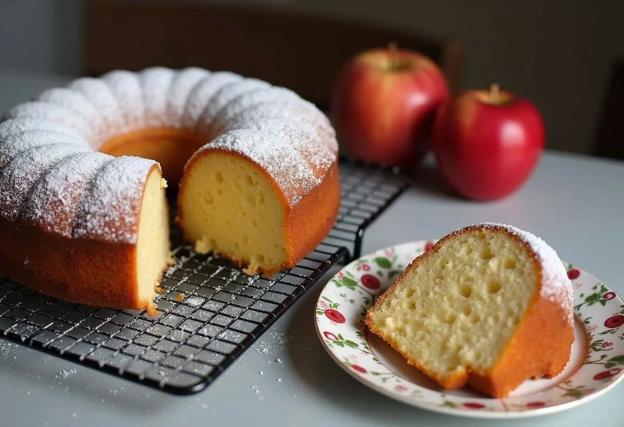 Fertiger unsichtbarer Apfelkuchen, ausgestreut mit Puderzucker, ideal für den Genuss.