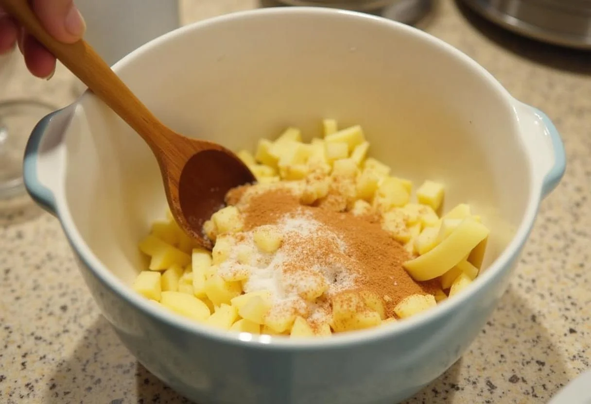 Vorbereiten von geriebenen Äpfeln mit Zucker, Zimt und Zitronensaft für unsichtbaren Apfelkuchen.
