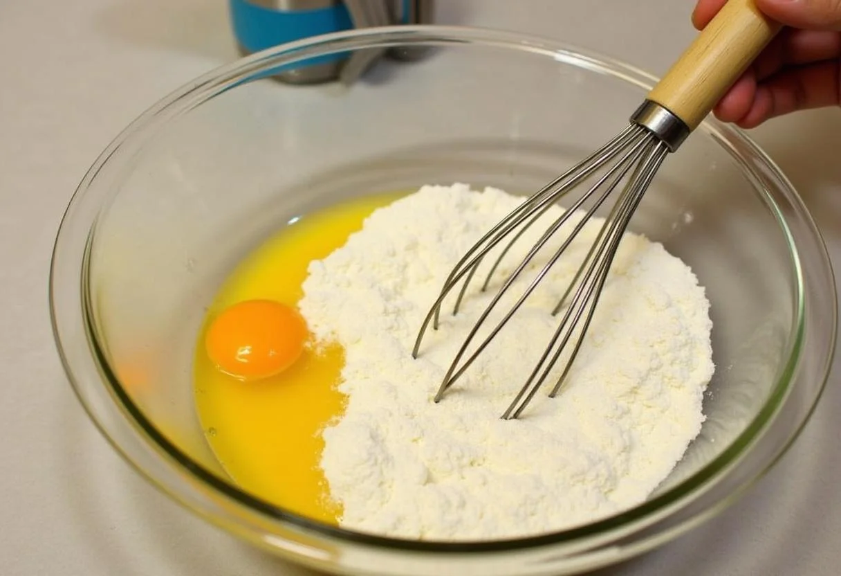 Eier und Mehl werden verrührt für den unsichtbaren Apfelkuchen ohne Boden.