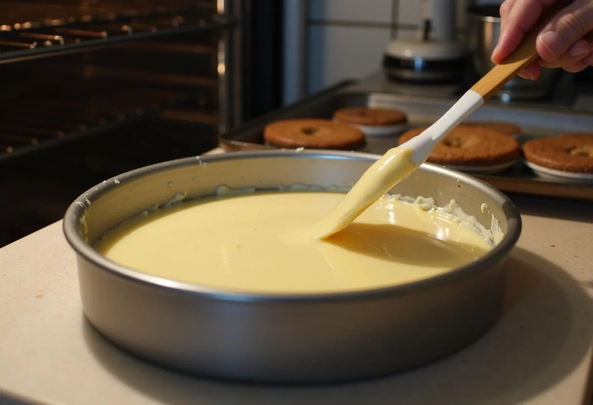 Teig für den unsichtbaren Apfelkuchen wird in die Backform gegossen.