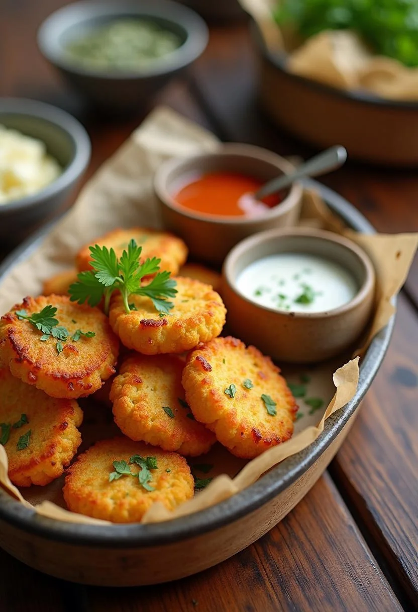 Finished vegetarian cauliflower fritters served with herbs and dipping sauce, perfect for a healthy meal.