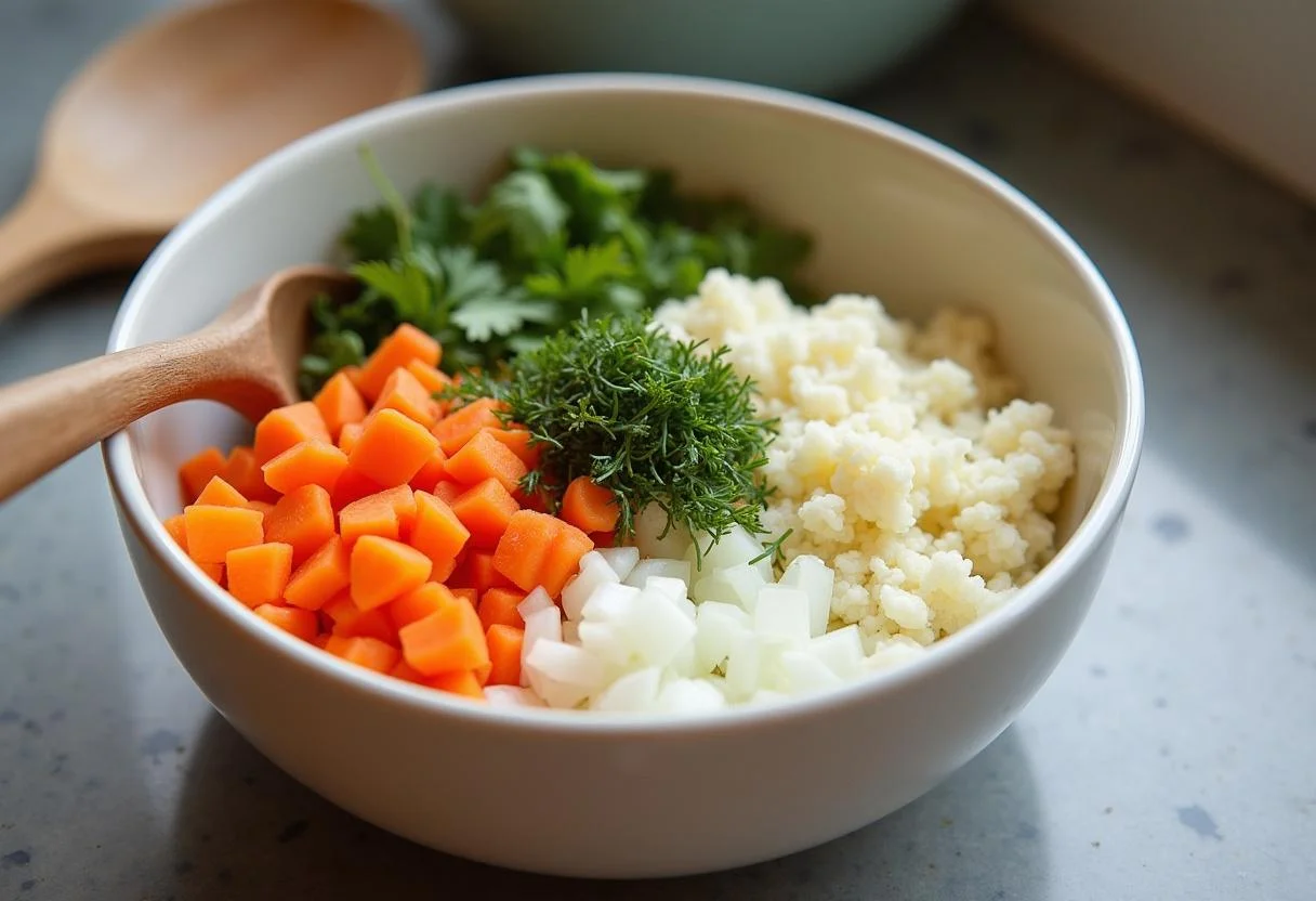 Zutaten für vegetarische Blumenkohl Frikadellen, einschließlich geriebenem Blumenkohl, Karotten, Zwiebeln und Kräutern.