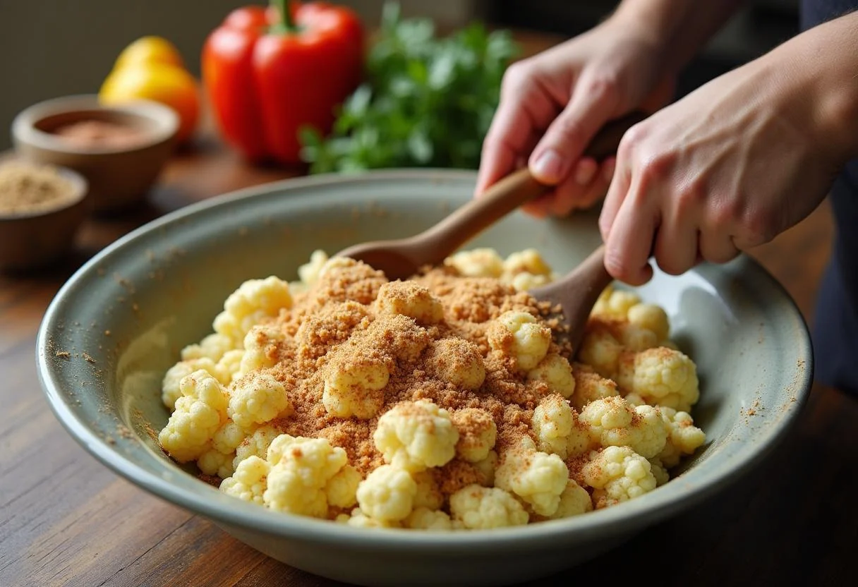 Geriebener Blumenkohl, Semmelbrösel und Gewürze werden für die Zubereitung vegetarischer Frikadellen gemischt.