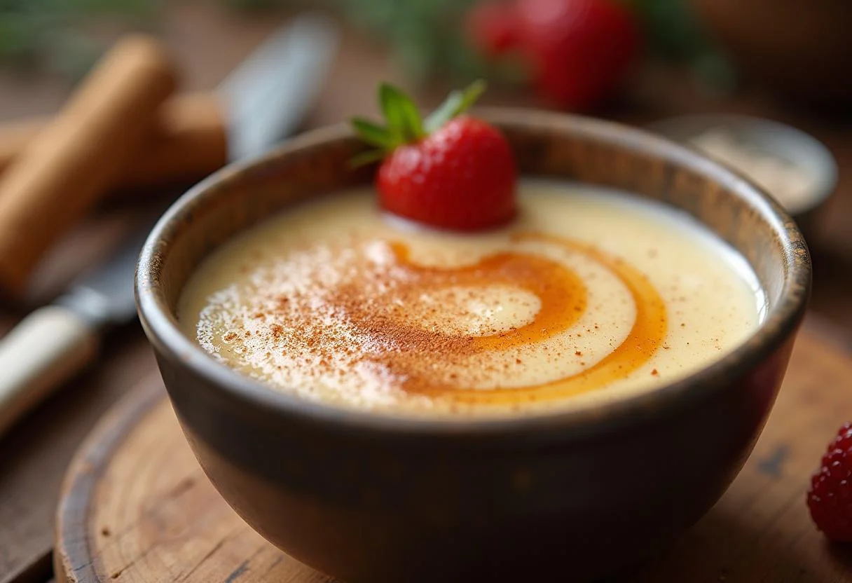 Final velvety Milchreis with a cinnamon sugar drizzle, showcasing a delicious German dessert.