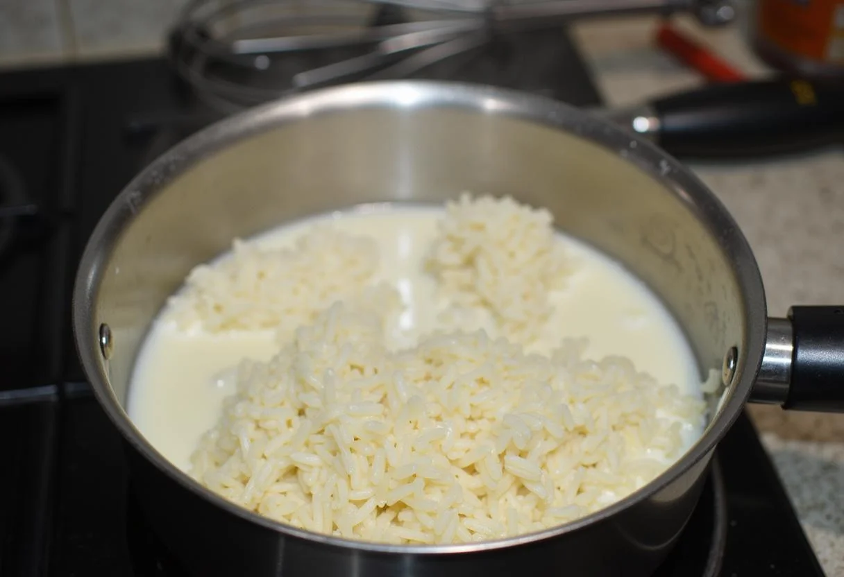 Cooking rice in milk for velvety Milchreis, a traditional German dessert.