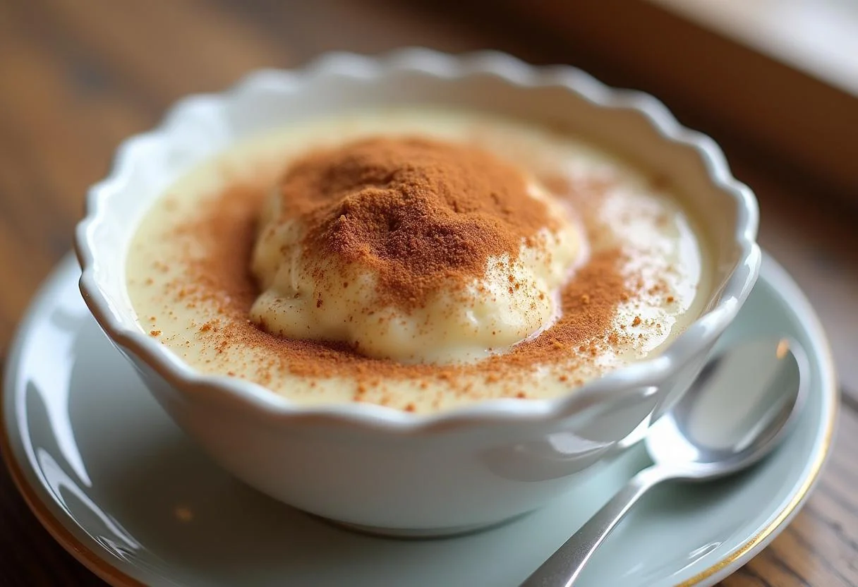 Creamy Milchreis topped with cinnamon sugar, ready to be enjoyed as a dessert.
