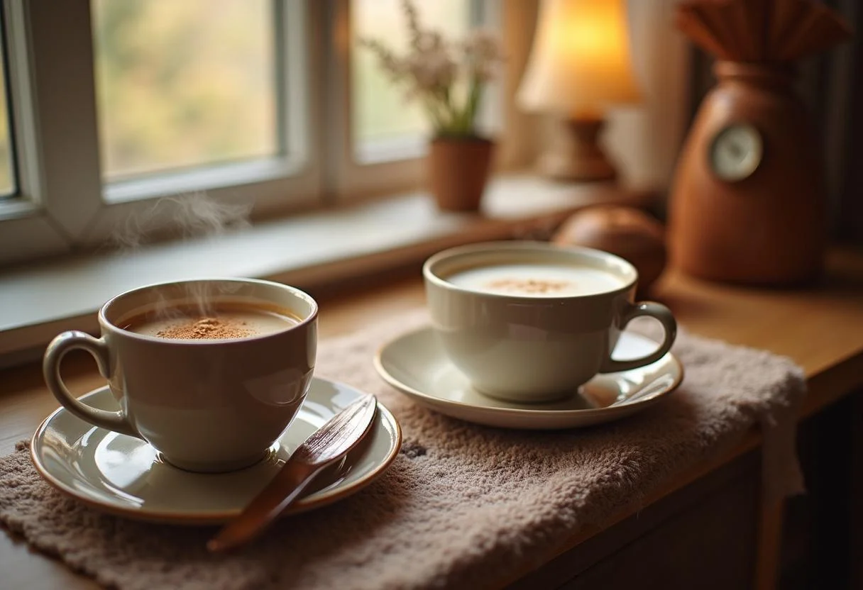 Cozy presentation of velvety Milchreis with a cup of hot milk, perfect for a comforting dessert experience.
