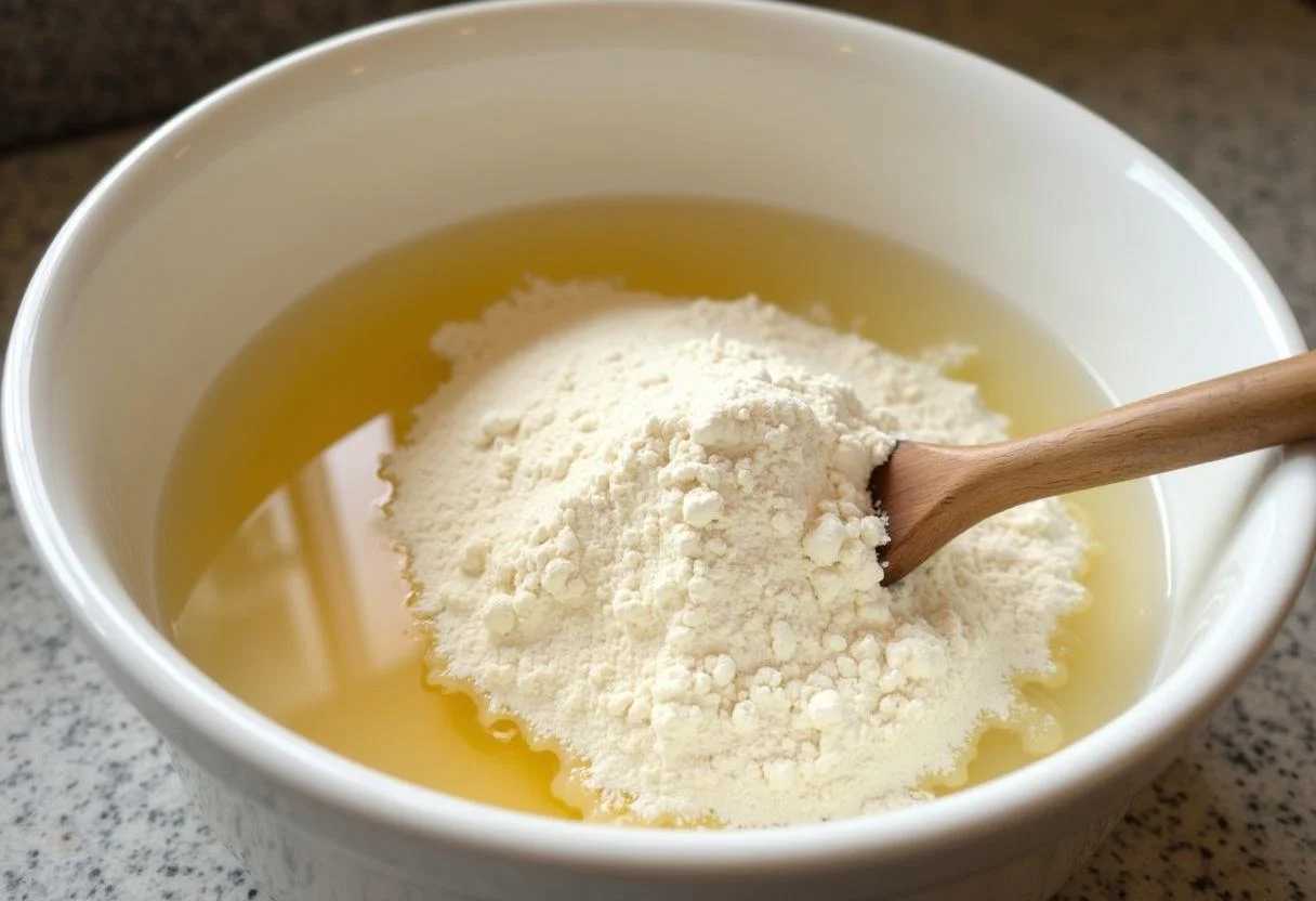 Ingredients for Laugenbrezel dough including flour, yeast, and warm water ready to be mixed.
