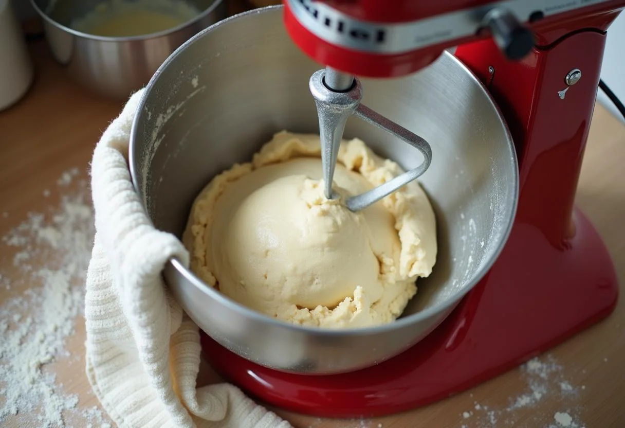 Dough being kneaded for Laugenbrezel in a stand mixer, showcasing the preparation process.