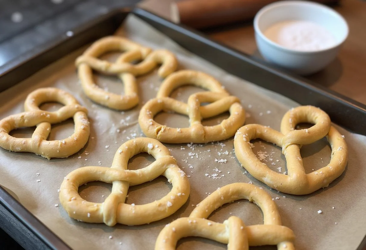 Shaped Laugenbrezel pretzels on a baking tray, ready for baking with salt and baking soda solution.