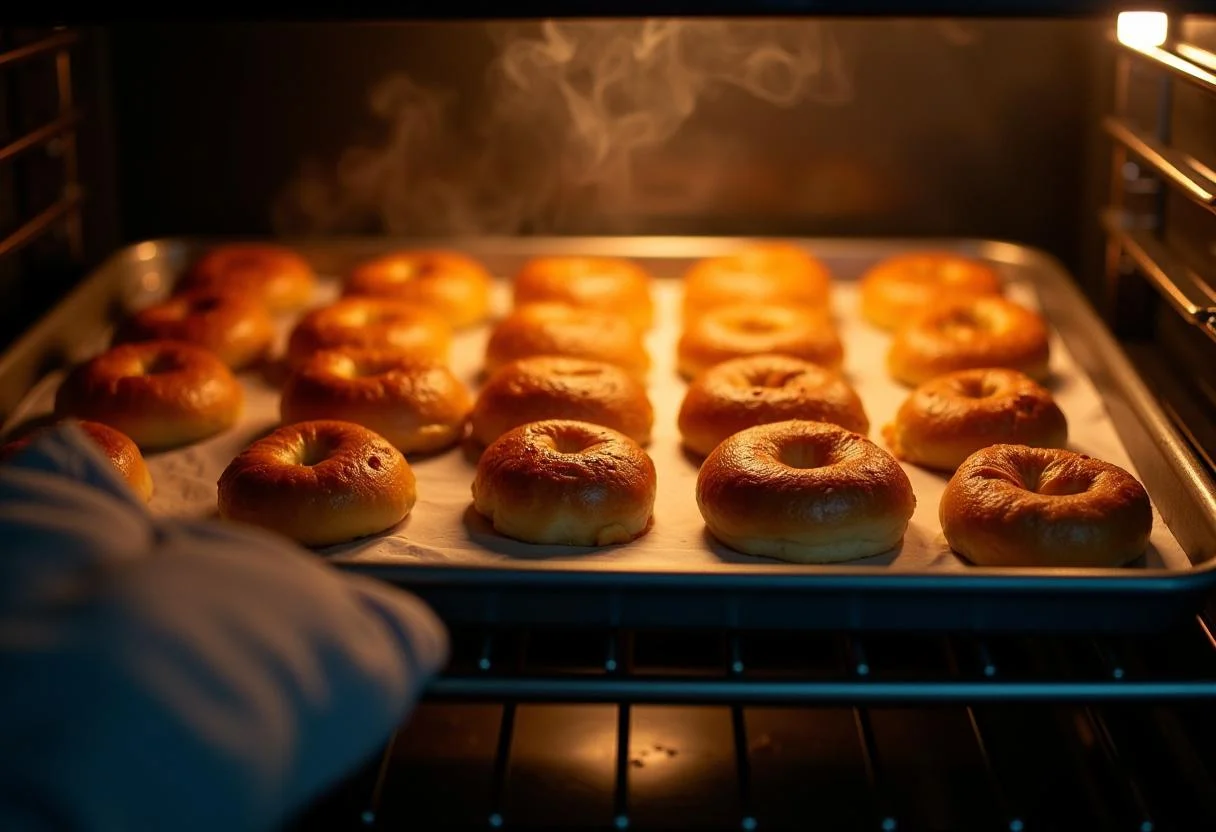 Freshly baked Laugenbrezeln coming out of the oven, highlighting their warm and cheesy texture.