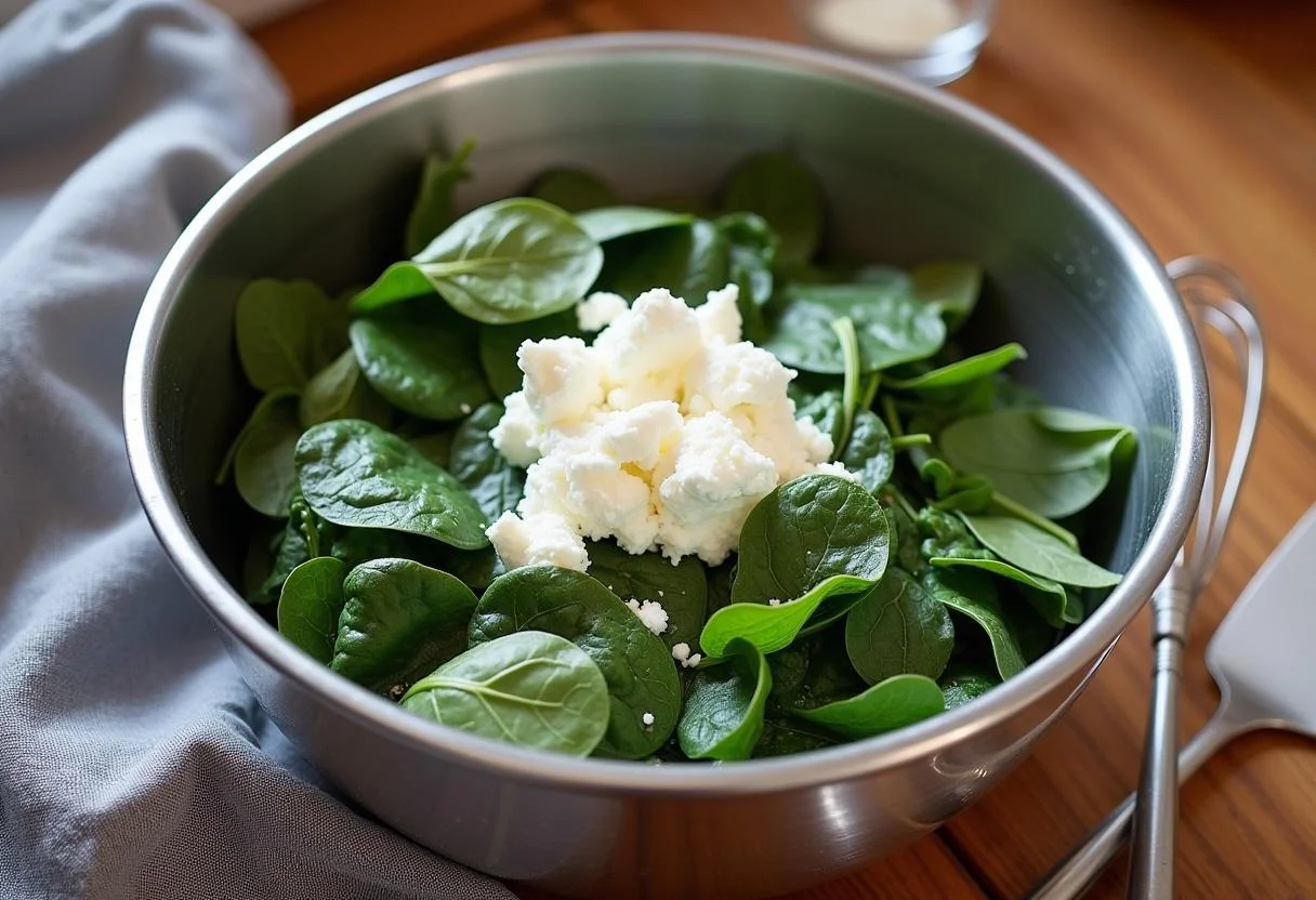 Fresh spinach and ricotta cheese mixed together for Warm and Cheesy Spinatkuchen.
