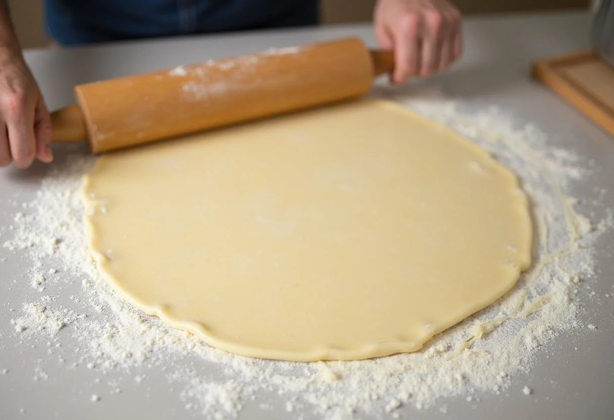 Dough rolled out for the crust of Warm and Cheesy Spinatkuchen.