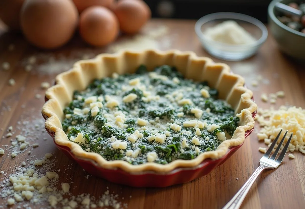 Filling a pie dish with the spinach and ricotta blend for Spinatkuchen.