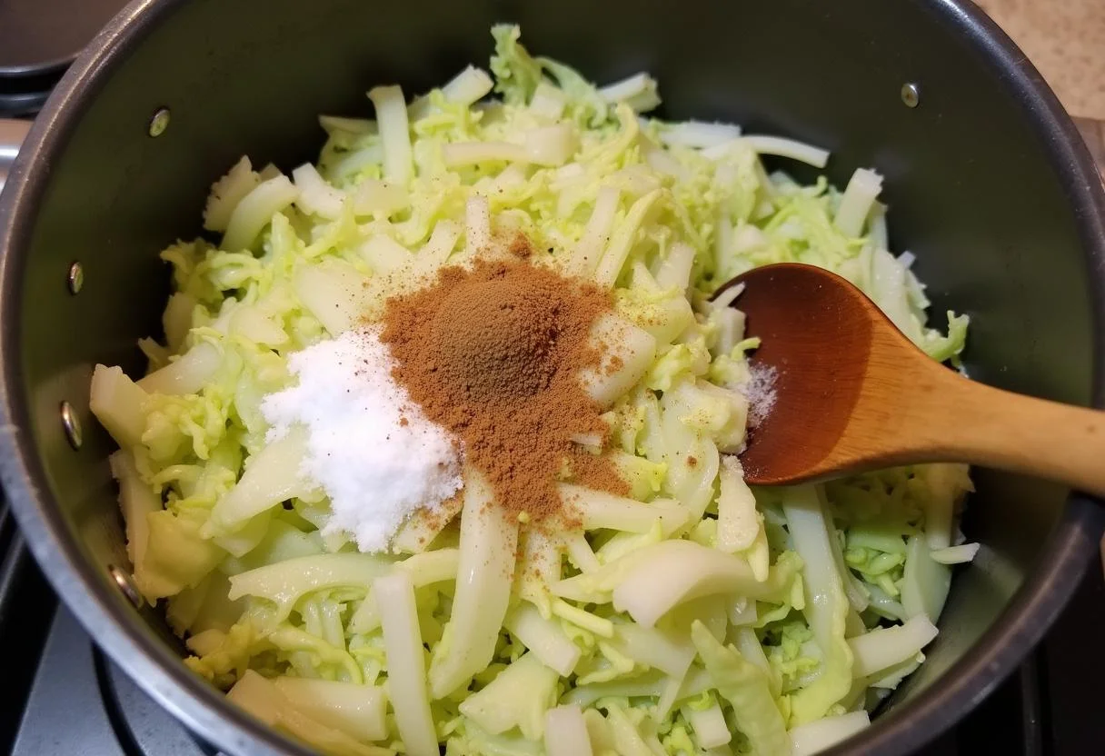 Shredded cabbage and salt being mixed in a pot for making Weltbestes Sauerkraut.