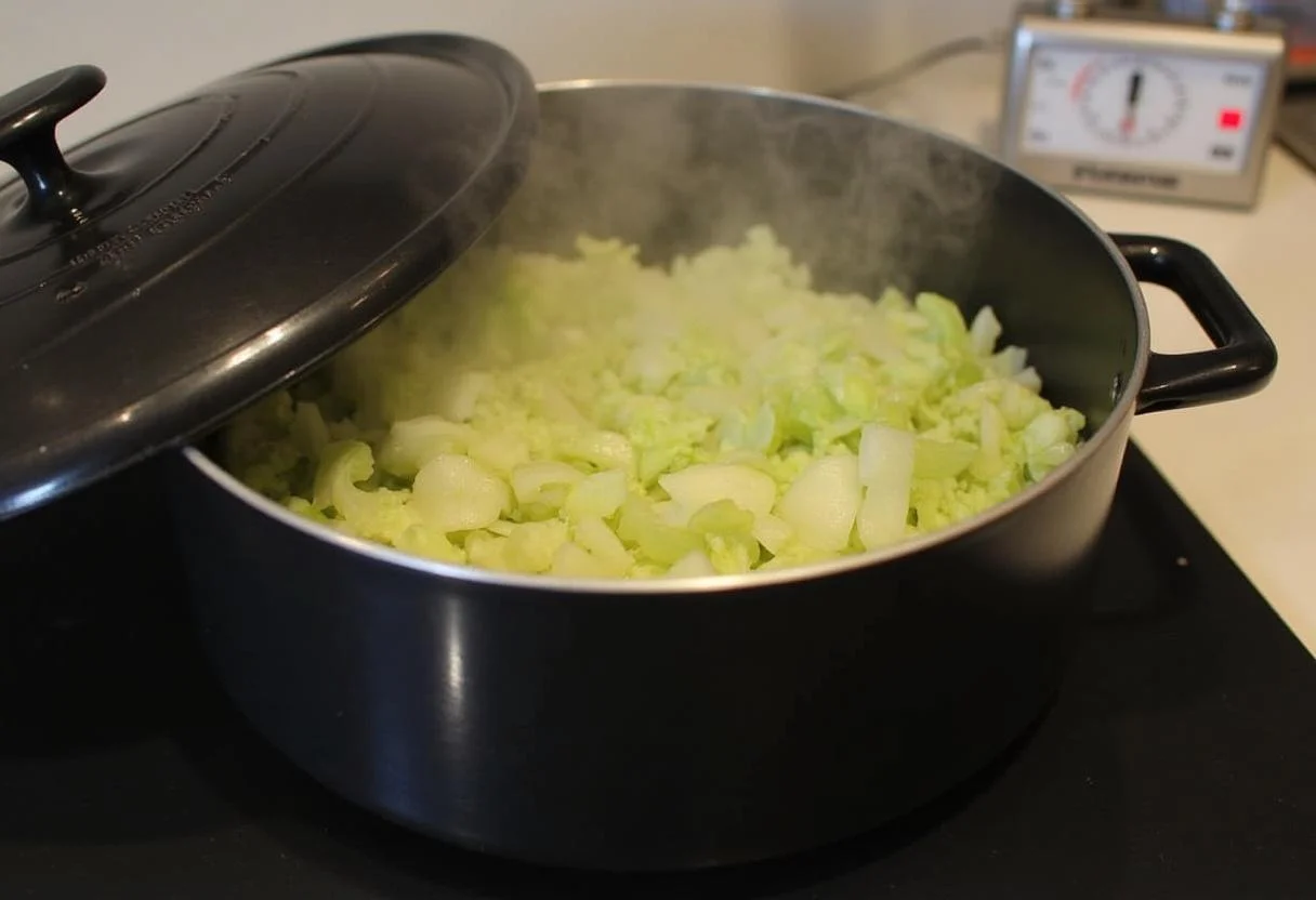 Cabbage mixture being pressed down in a pot for fermenting Weltbestes Sauerkraut.