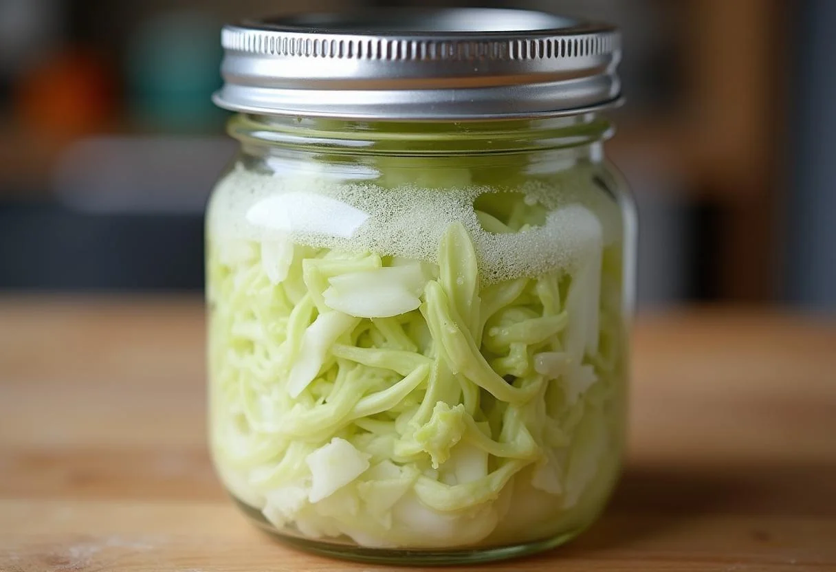 Fermenting sauerkraut jar showing bubbles for Weltbestes Sauerkraut.