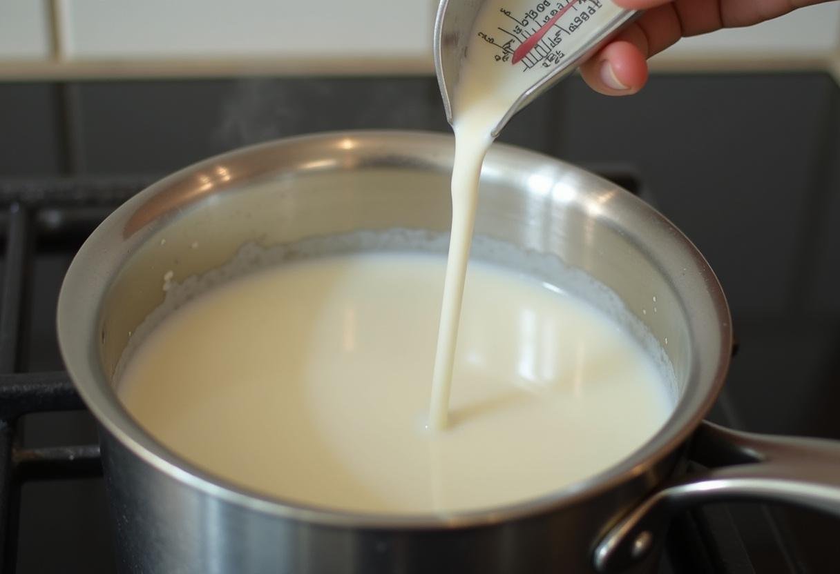 Milch und Sahne werden in einem Topf erhitzt für das beste Schokoladeneis.