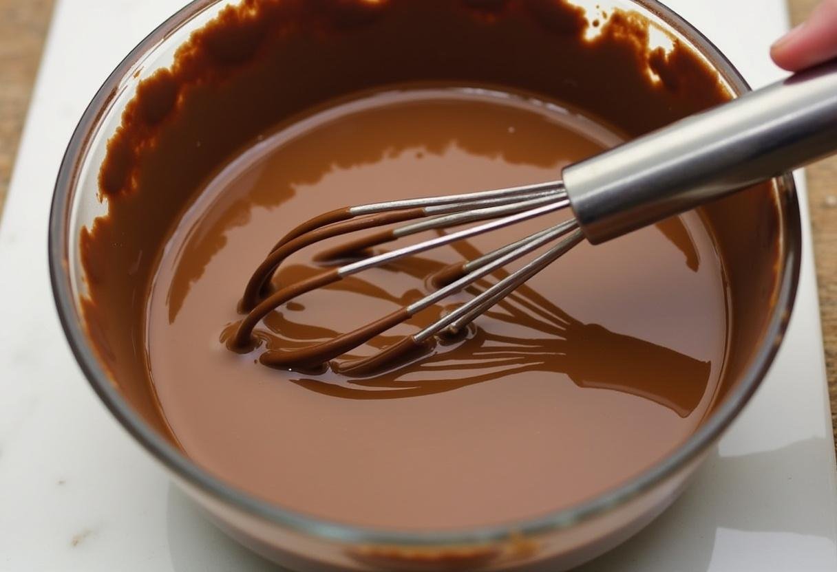 Geschmolzene Schokolade wird in die Milchmischung eingerührt für cremiges Eis.