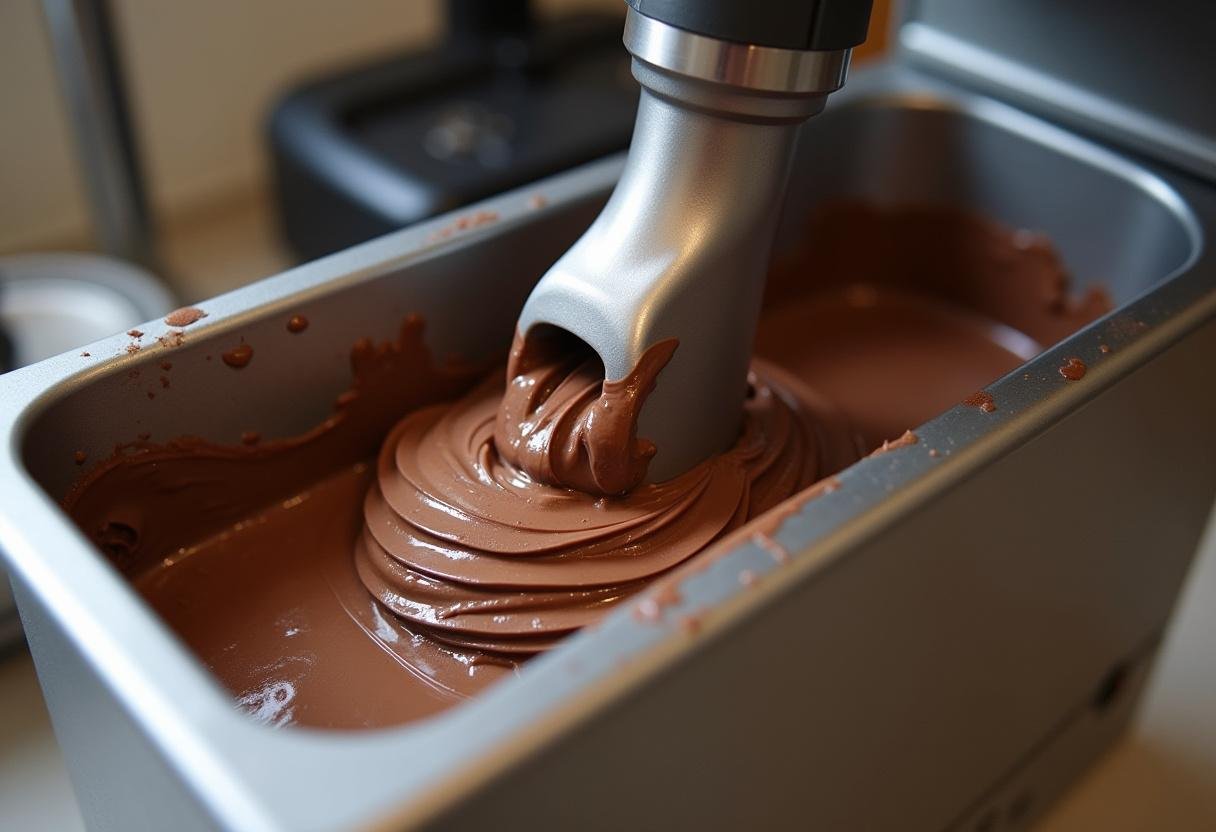 Eismaschine verarbeitet die Schokoladenmischung zu cremigem Eis.