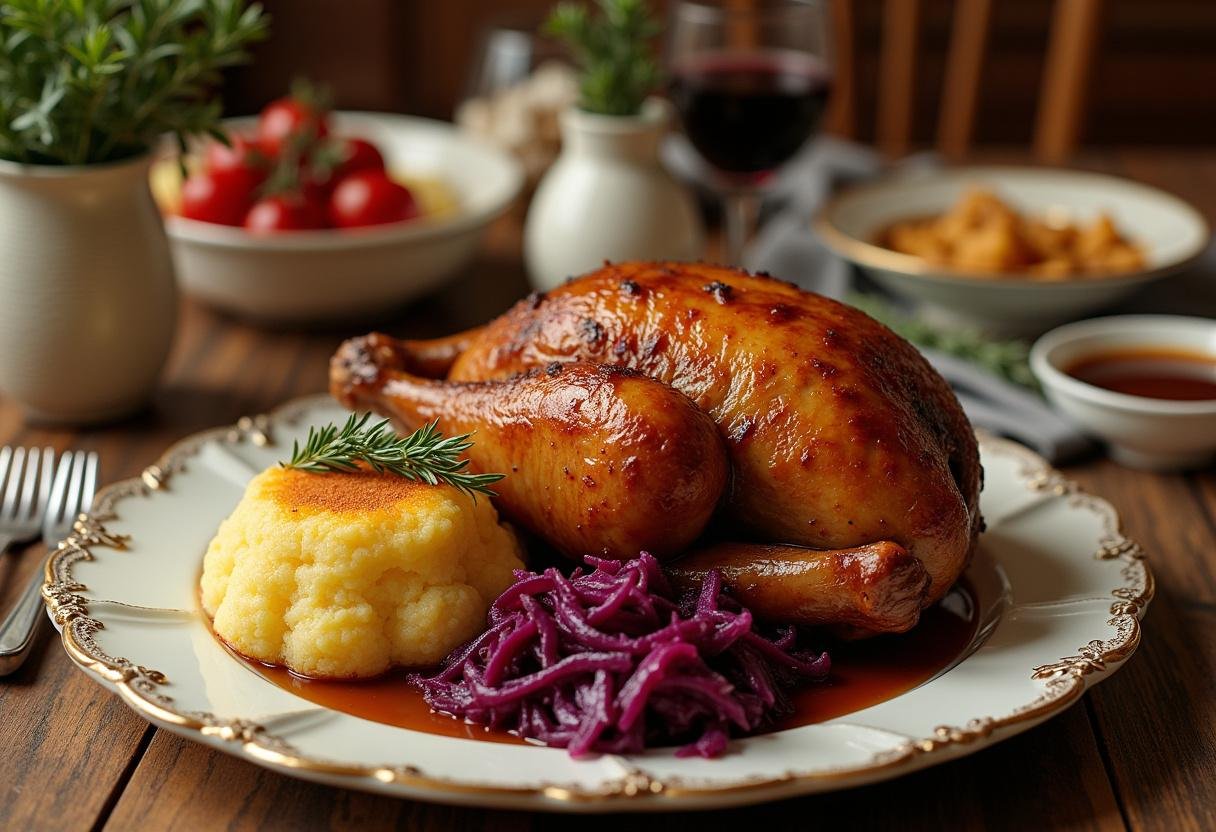 Winterlicher Gänsebraten mit Klößen, Rotkohl und Sauce, serviert auf einem festlich gedeckten Tisch.