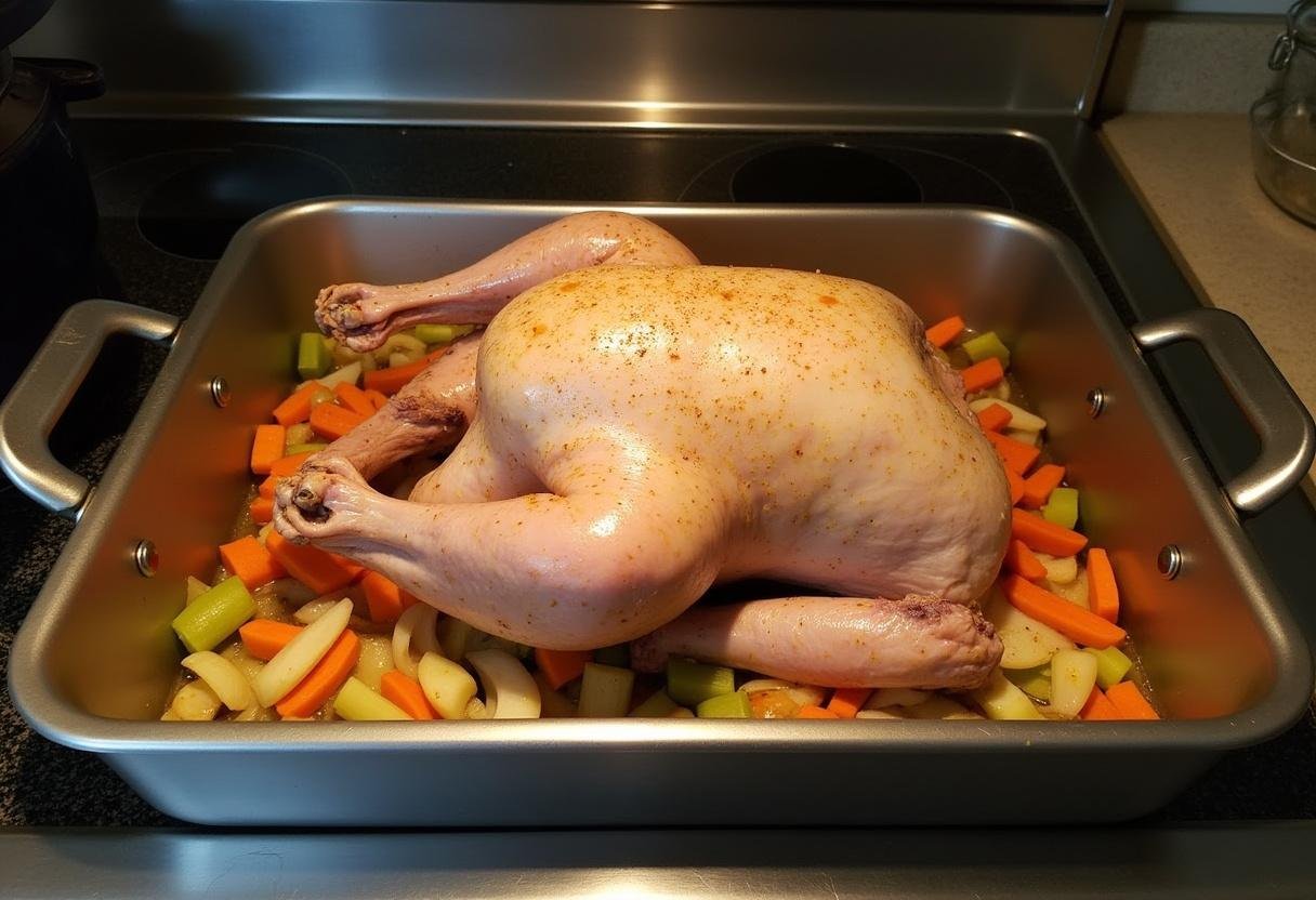 Gänsebraten im Bräter mit Gemüse für ein aromatisches Wintergericht.