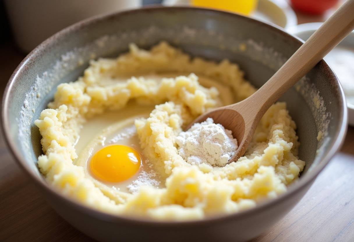 Teig für Klöße wird aus Kartoffelpüree, Mehl und Ei zubereitet.